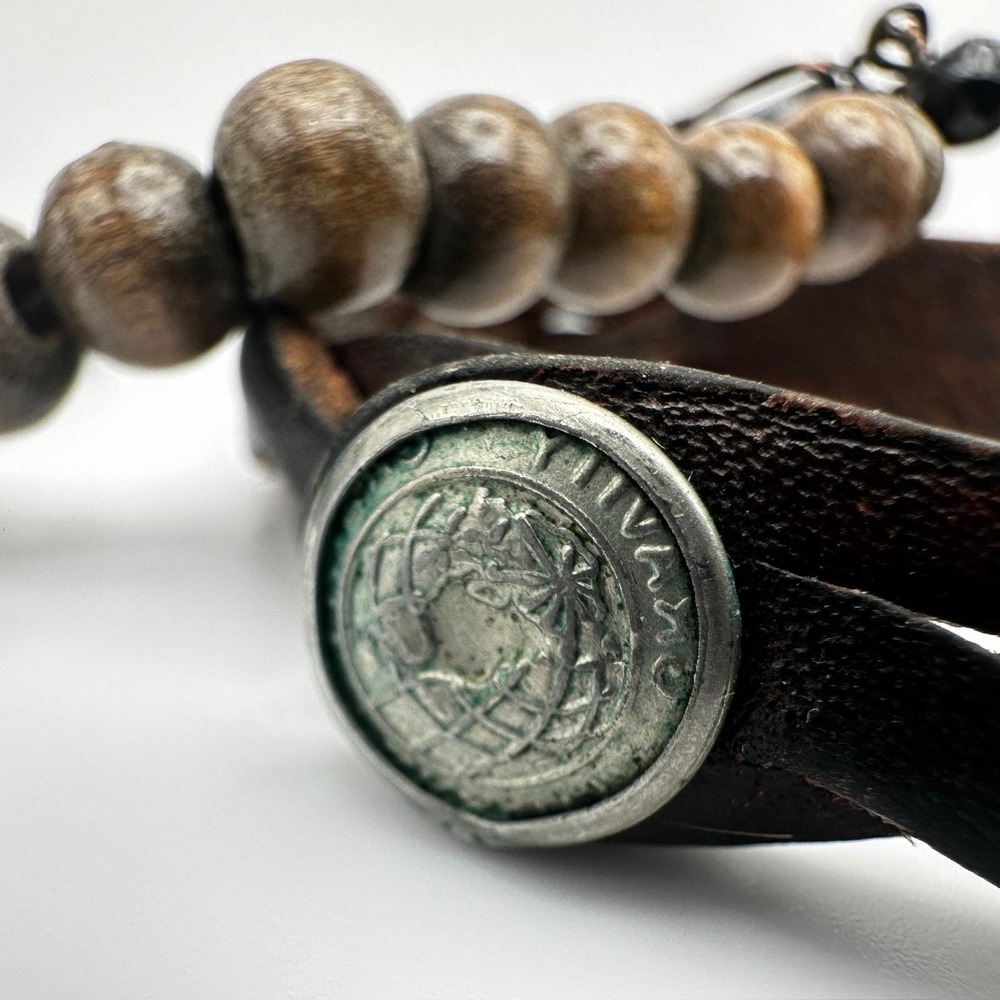 Vintage 80s Boho Layer Leather & Wood Bead Bracelets Wire-Wrapped Charms Jewelry - Picture 9 of 13